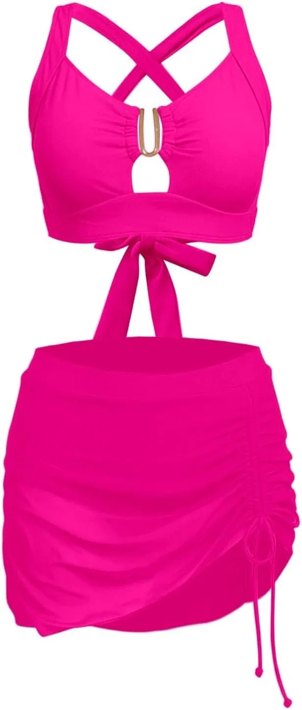 Женский бикини-комплект с завышенной талией и утяжкой Crisscross, Hot Pink — фото 4