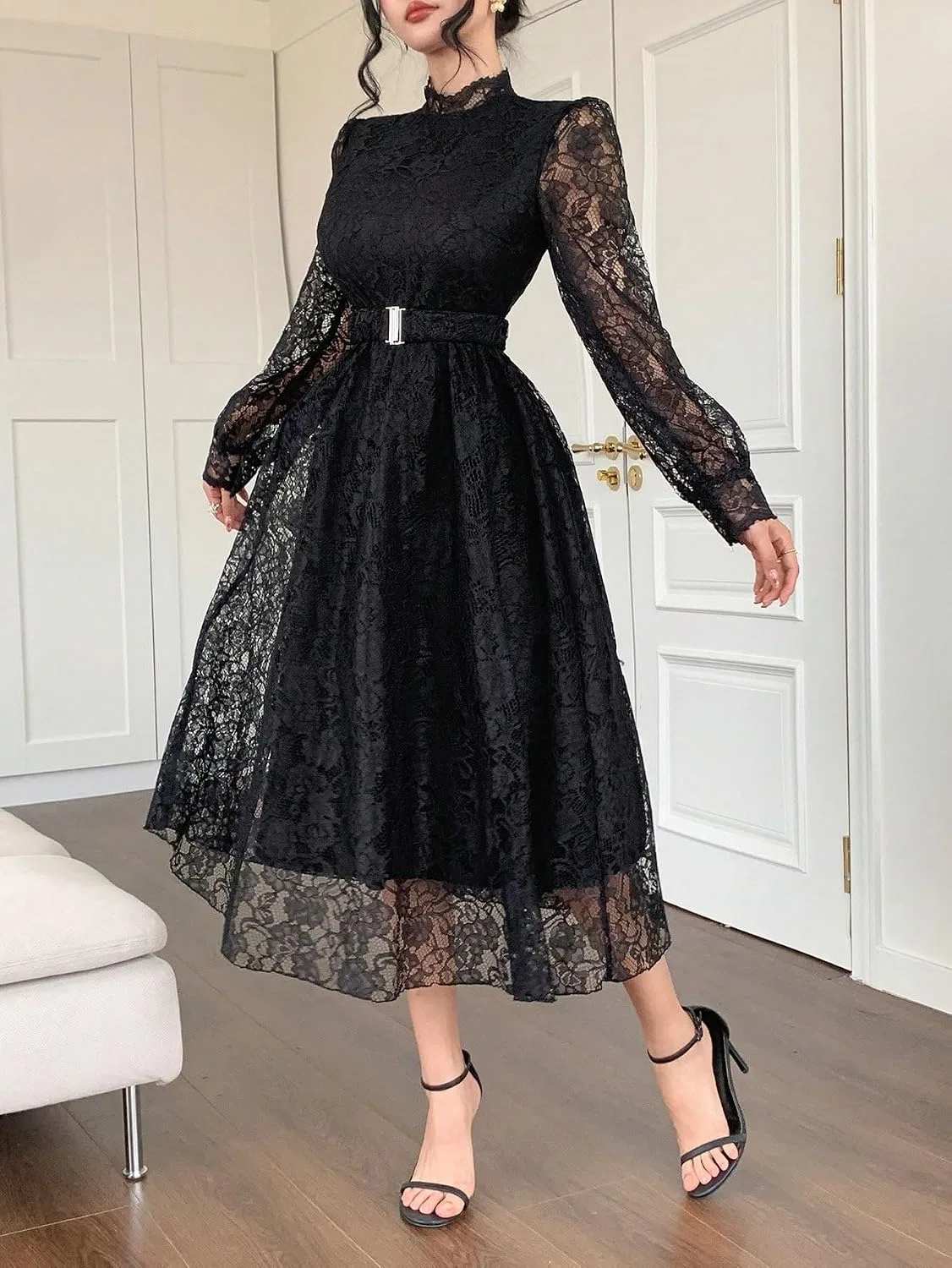 Женское повседневное платье миди с кружевным воротником-стойкой Puff Sleeve, Black — фото 2