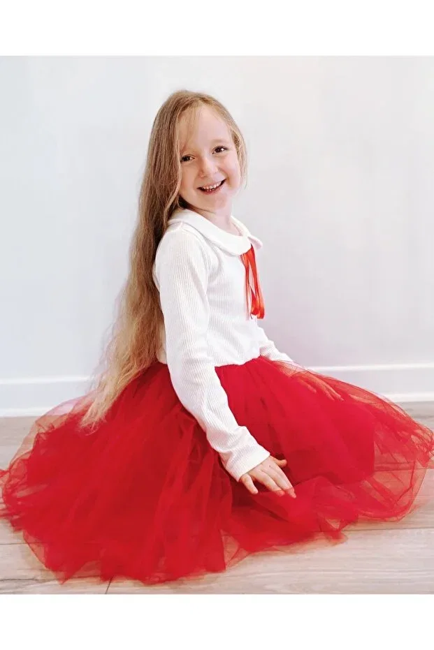 Детское платье для девочек с принтом Perla long sleeve girl's princess fluffy tutu dress baby collar flexible lycra Şirin Şeyler Butiği, Red-White — фото 4