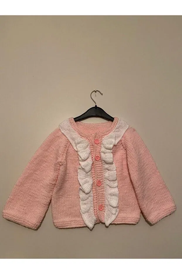 Детский кардиган с оборками для девочек Hand knitted girl ruffle cardigan El Örgüsü Cici Bebe, Powder Pink