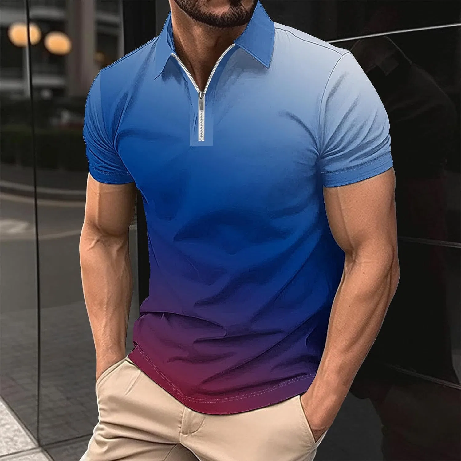 Мужская футболка с градиентом Henley Band Collar, Blue — фото 2