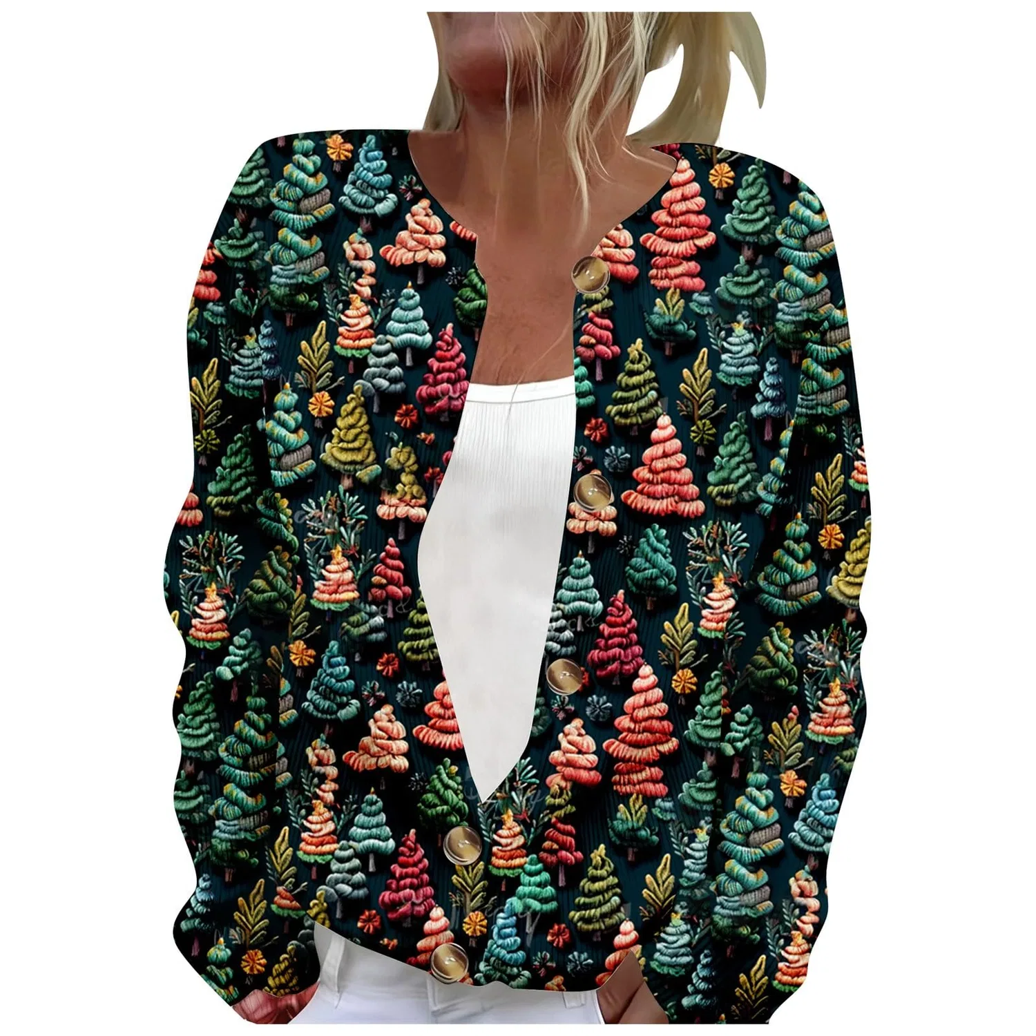 Женский кардиган с принтом Elegante cardigan casual con stampa e abbottonatura, Verde Scuro #9