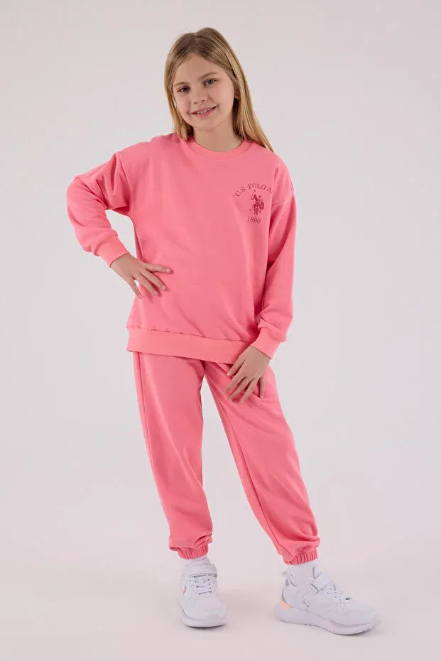 Детский комплект из свитшота и брюк для девочек с вышивкой Licensed U.S. Polo Assn., Neon Pink — фото 4