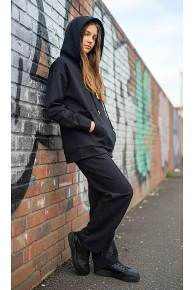 Детский комплект из туники и брюк с капюшоном Oversize Asortix, Black — фото 3