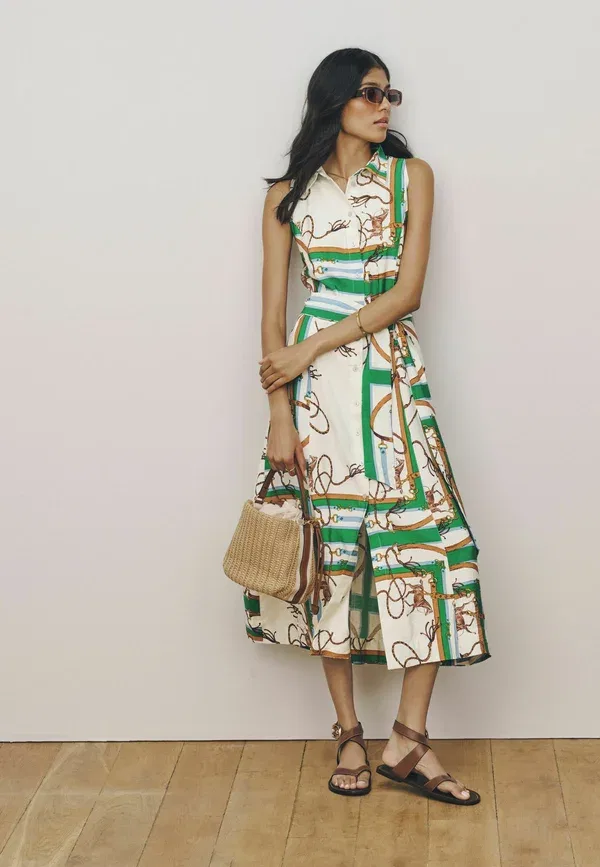 Платье принт Regular fit halter shirt midi belted dress Next, green white rope print, белый — фото 3