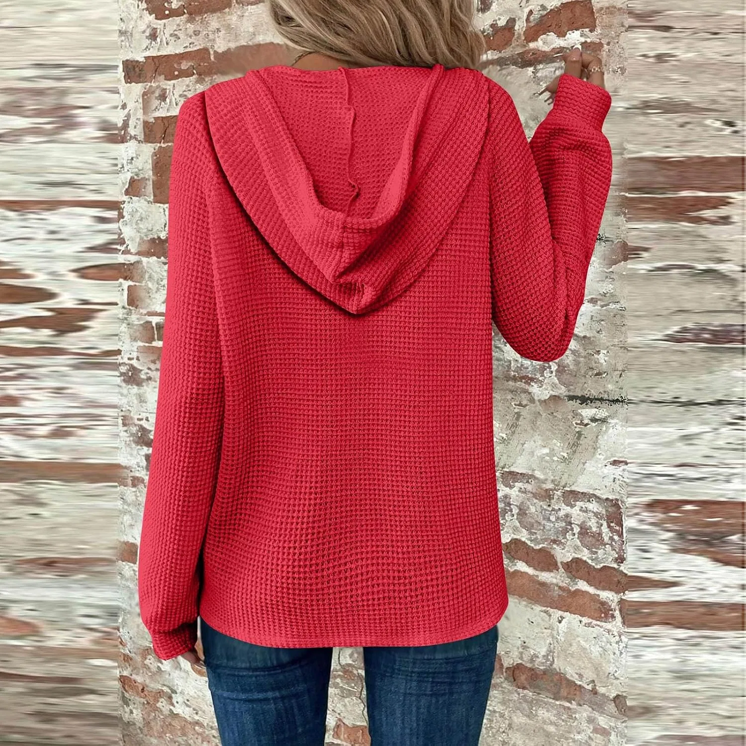 Женское худи с капюшоном из вафельной ткани с длинным рукавом, B016- Red — фото 4