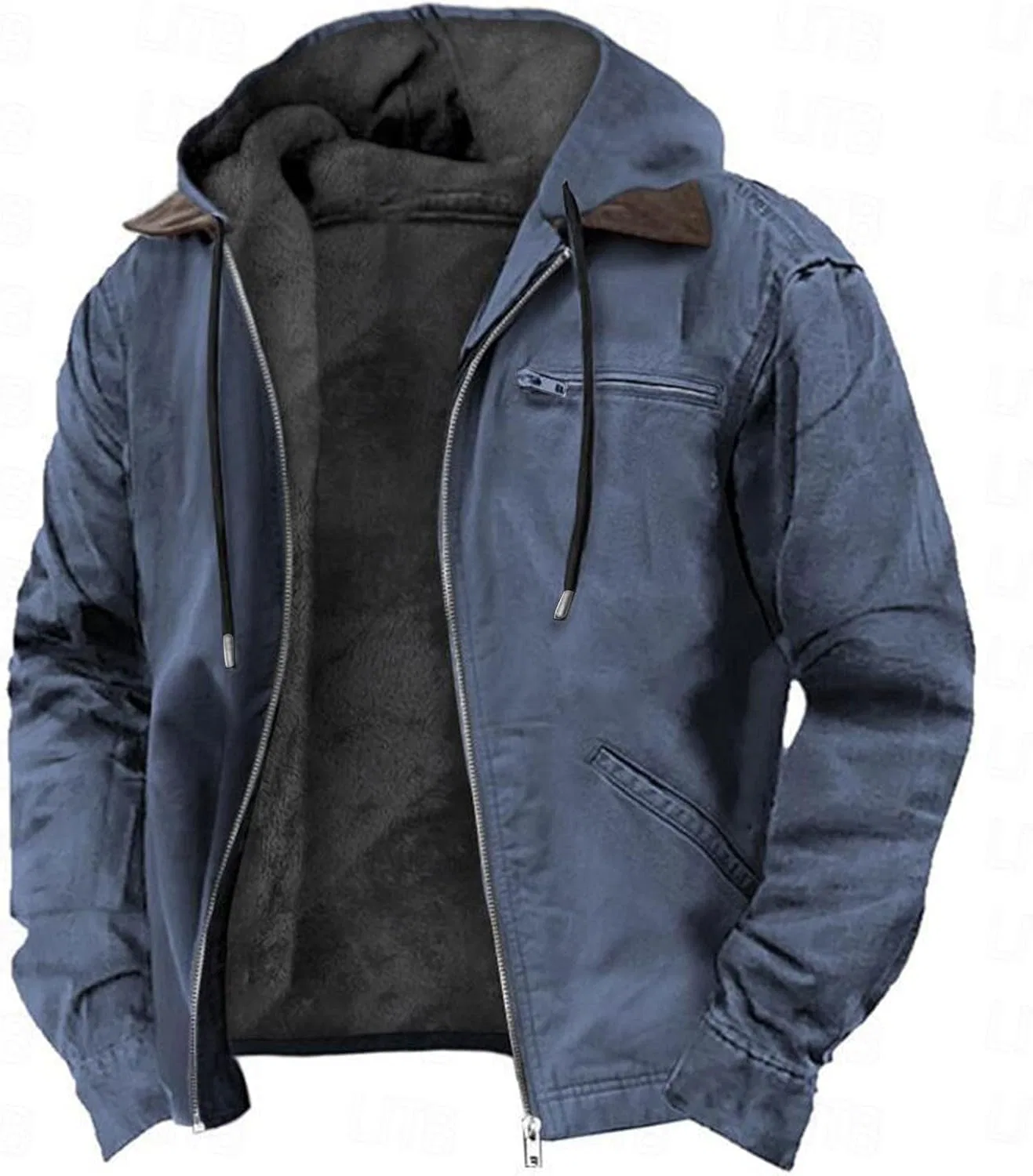 Мужское зимнее пальто с капюшоном, на флисе, Military Jacket, тёмно-синий