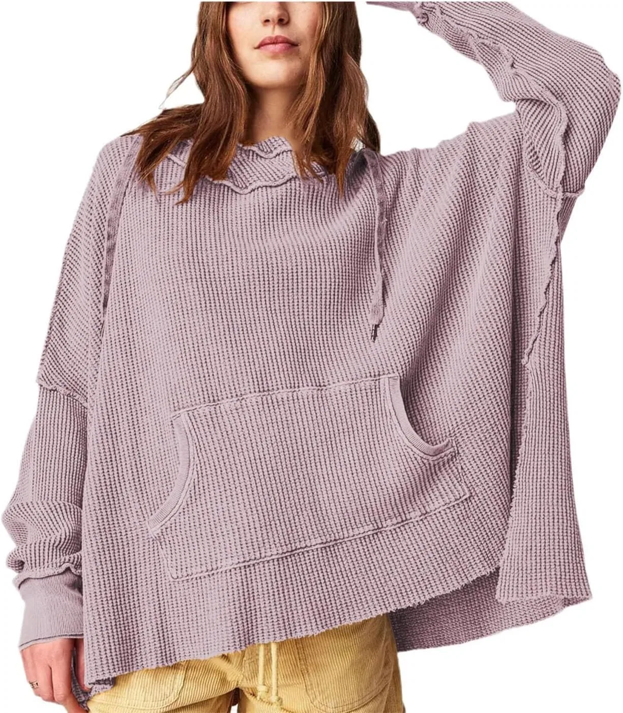 Женский оверсайз пуловер с капюшоном и длинным рукавом, пэчворк, Casual Fashion Top, кремовый/белый — фото 3