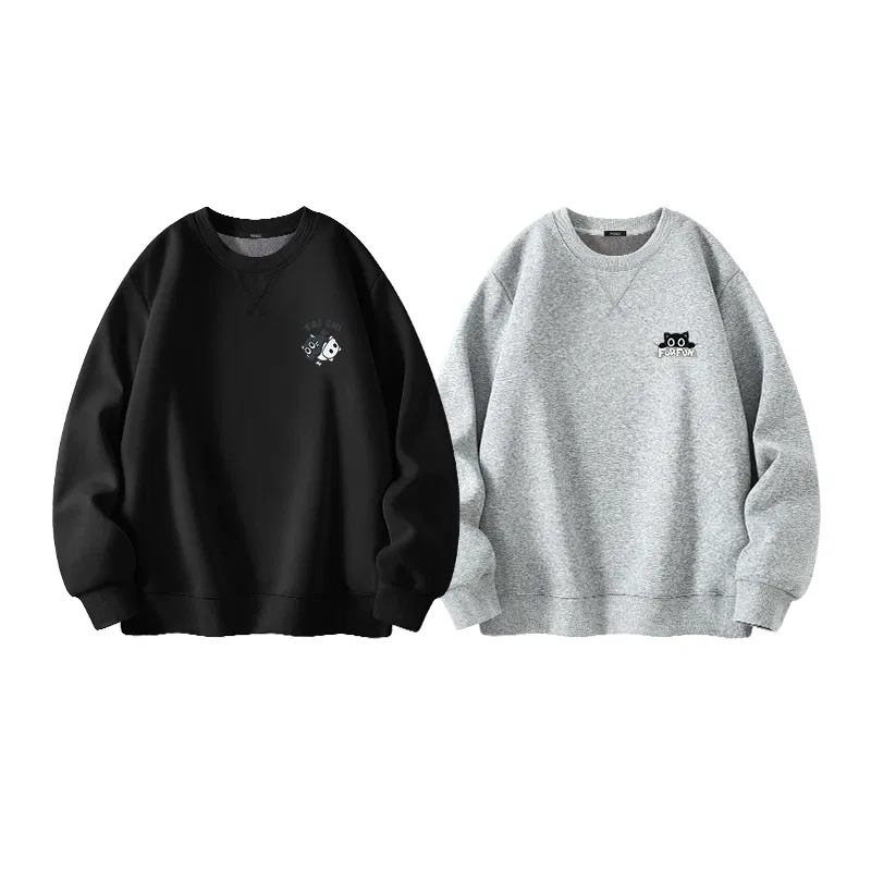 Детский свитшот с принтом [2 Pcs Fleece-Lined] Black (B Tai Chi Cat Chest Logo)+Heather Gray (Mk Dulu Cat Chest Logo) MINISO, Черный+Серый