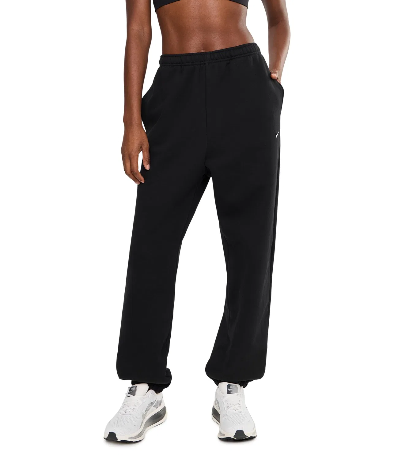 Брюки Studio Fleece средней плотности с высокой посадкой и свободными манжетами. Nike, Total Black/Sail