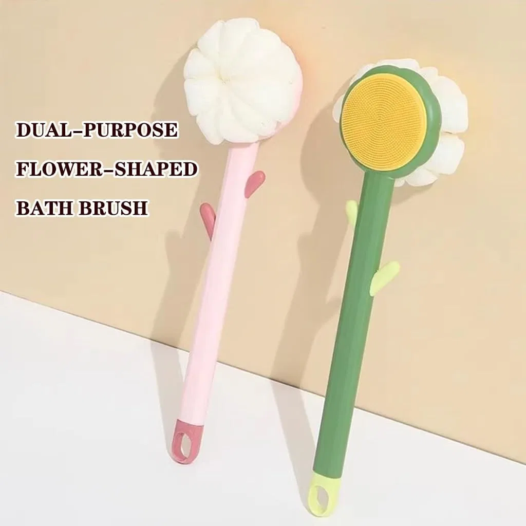 Щетка для тела силиконовая с длинной ручкой, 35 см, Pink+Green Generic — фото 2