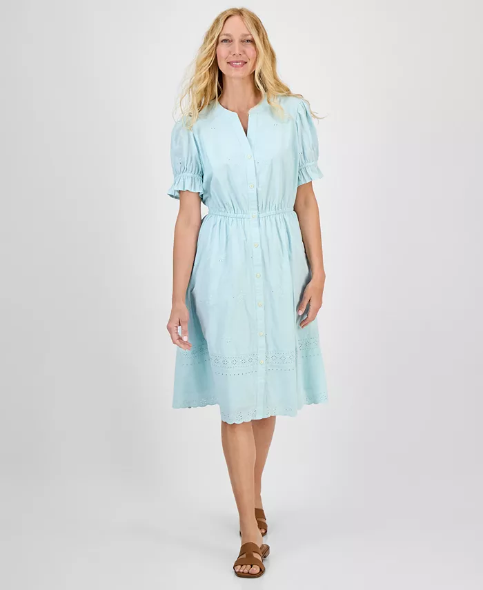 

Женское хлопковое платье с разрезом на горловине и ажурной отделкой Style & Co, синий