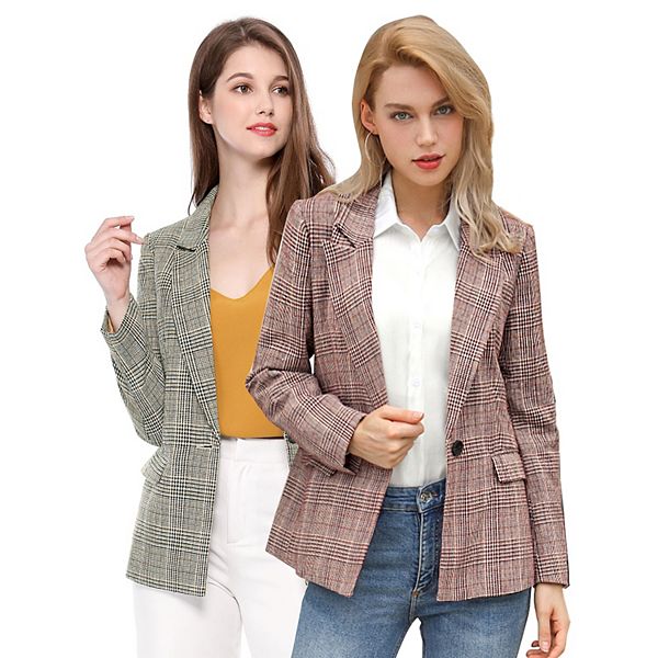 

2 упаковки женский блейзер в клетку с вырезным лацканом и одной пуговицей Inspire Chic, Burgundy Black