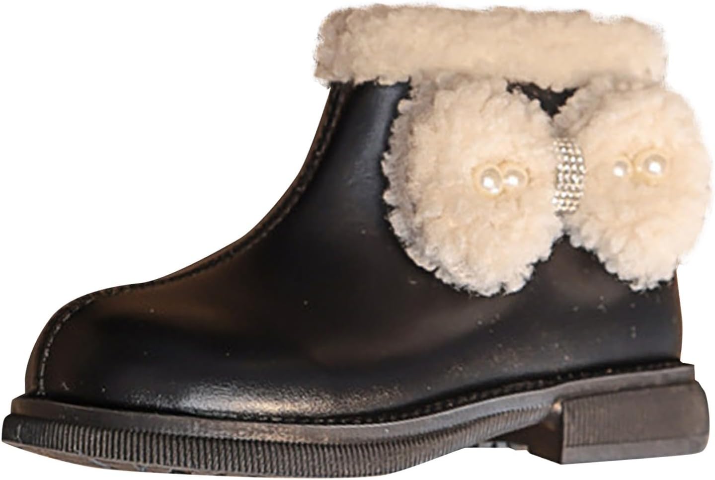 

Детские плюшевые ботильоны на низком каблуке с милым бантом, для холодной погоды, боевые/снежные ботинки, удобные кожаные короткие ботинки с противоскользящей подошвой Generic, Black