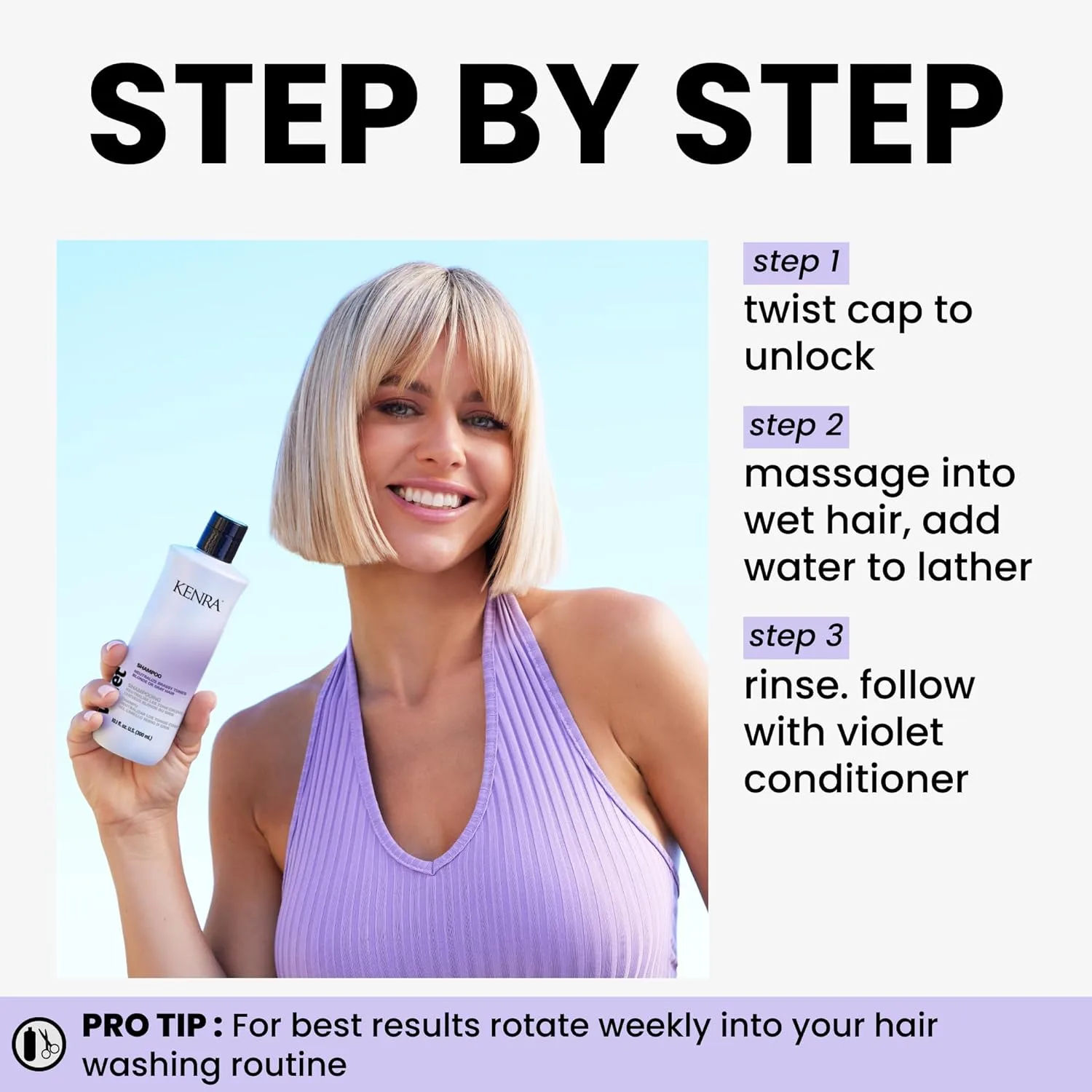 Kenra Violet Shampoo для нейтрализации желтизны, увлажнения окрашенных волос и усиления блеска блонда и седины 299 мл (.) — фото 4