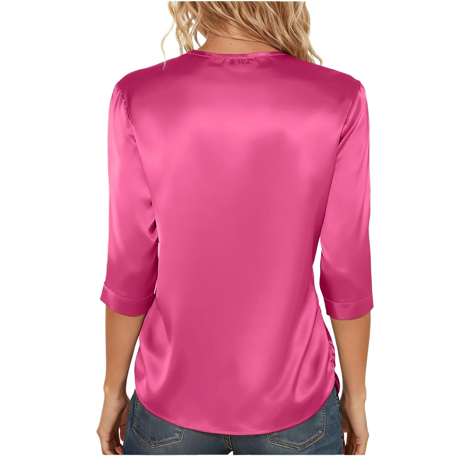 Женская блузка из атласа с длинным рукавом 3/4, модель без названия, Hot Pink — фото 4