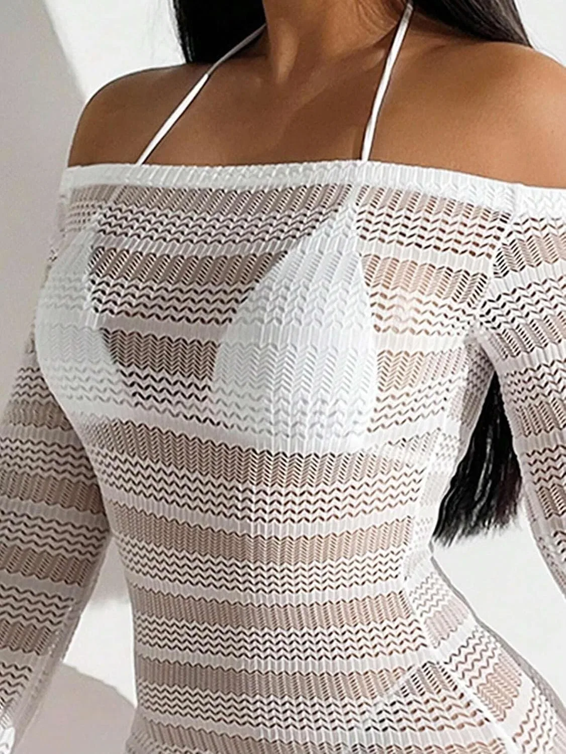 Женское пляжное платье-накидка с открытыми плечами, White — фото 4