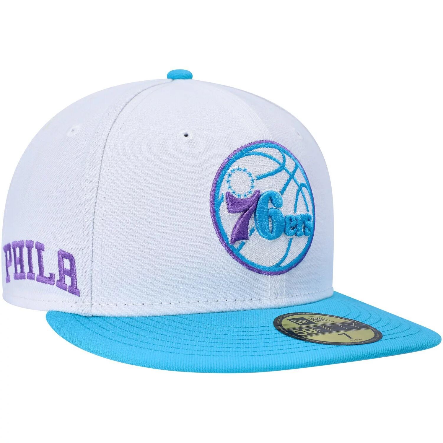 

Мужская кепка New Era White Philadelphia 76ers Vice Blue с боковой нашивкой 59FIFTY