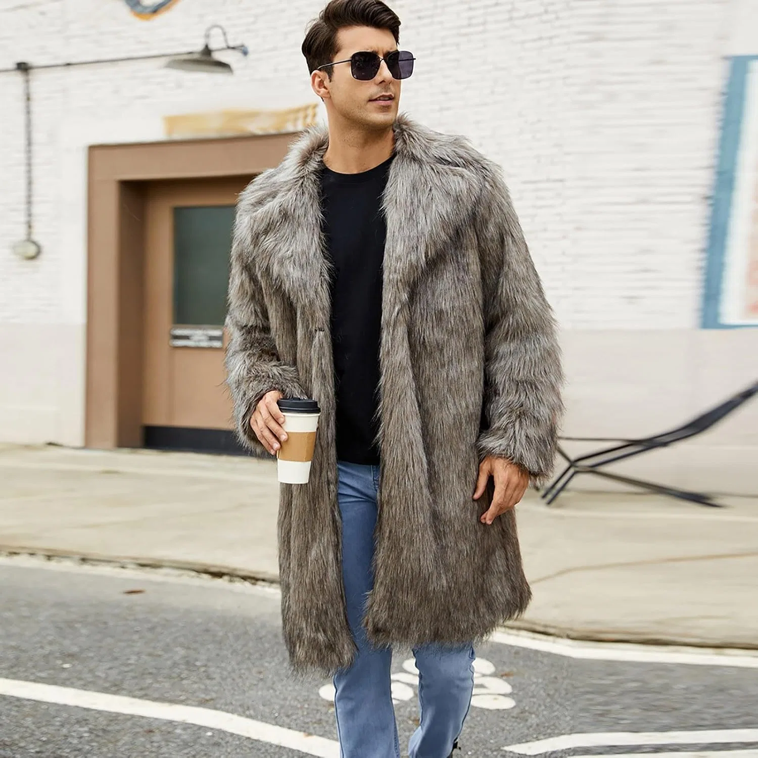 Мужское длинное пальто из искусственного меха, модель Winter Long Fleece, кофейный — фото 3