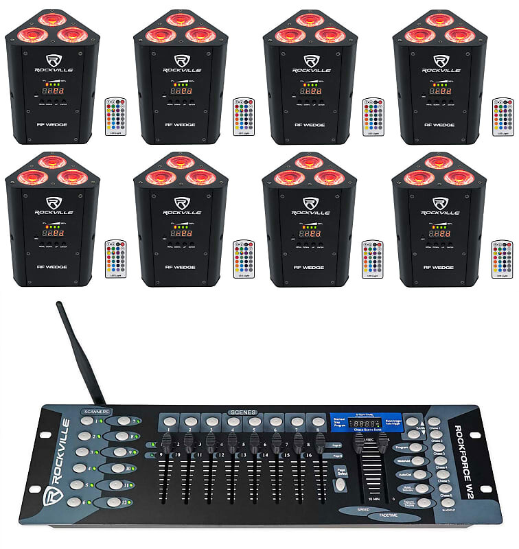 

(Комплект 8 Rockville RF WEDGE BLACK RGBWA + UV Батарея Wireless DMX Up Lights + Контроллер 8 RF WEDGE BLACK + Rockforce W2
