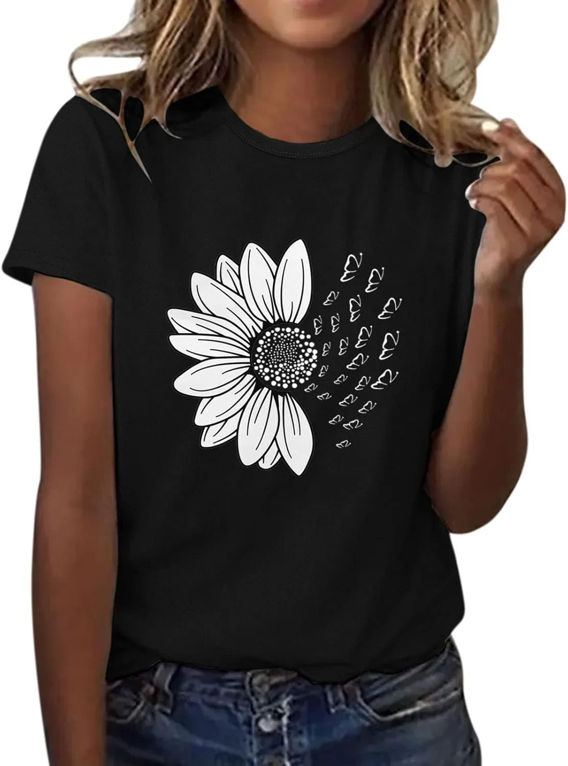 Женская свободная футболка с принтом подсолнуха Sunflower, Black