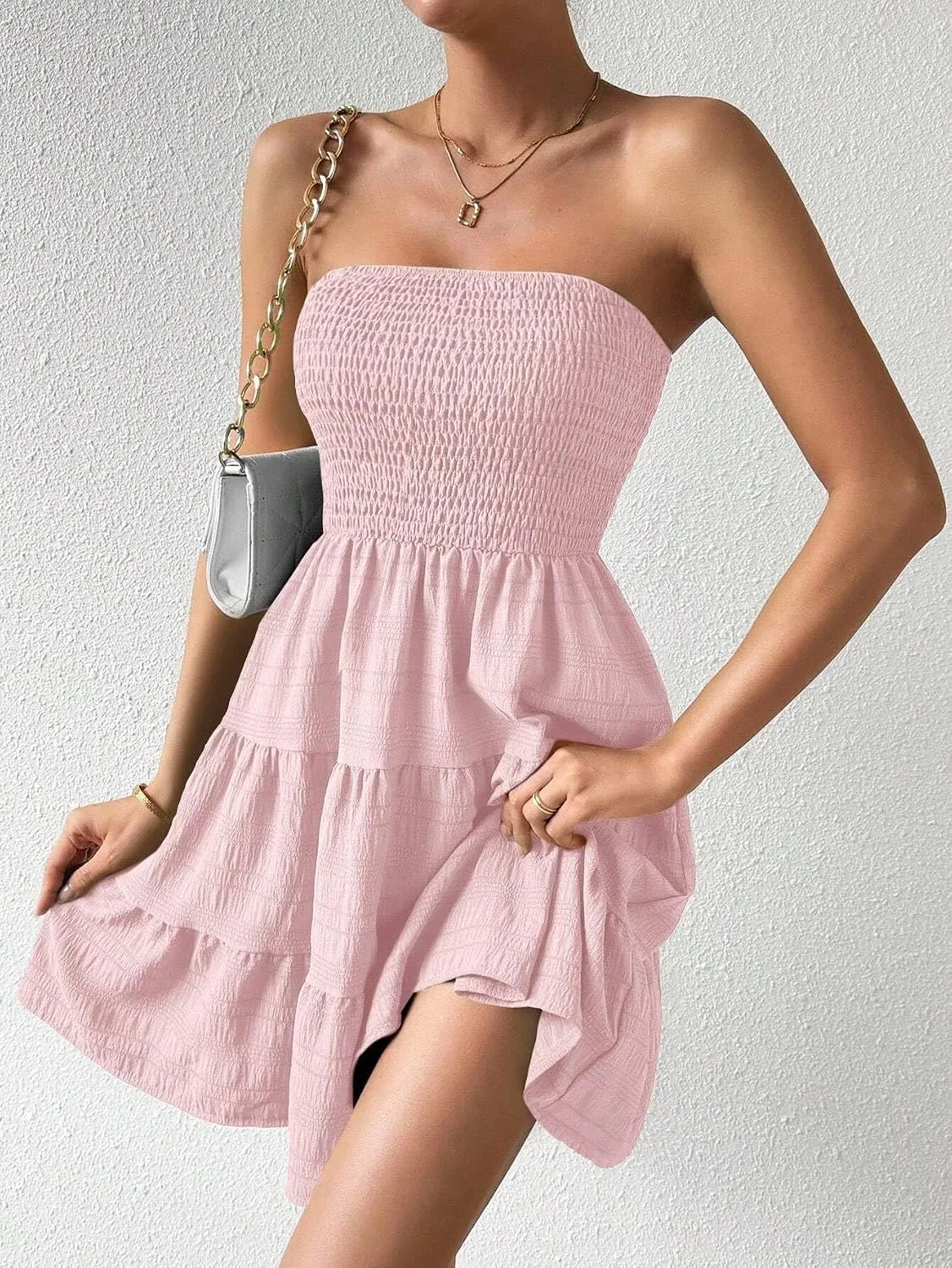 Женское короткое пляжное платье A-силуэта с рюшами, Pink — фото 2
