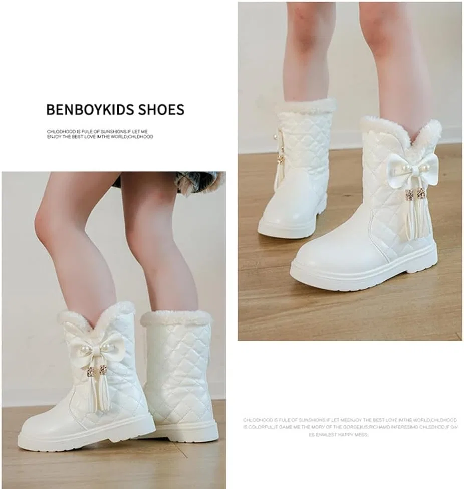 Детские зимние сапоги для девочек с мехом и бантом Auhoho, Beige — фото 2