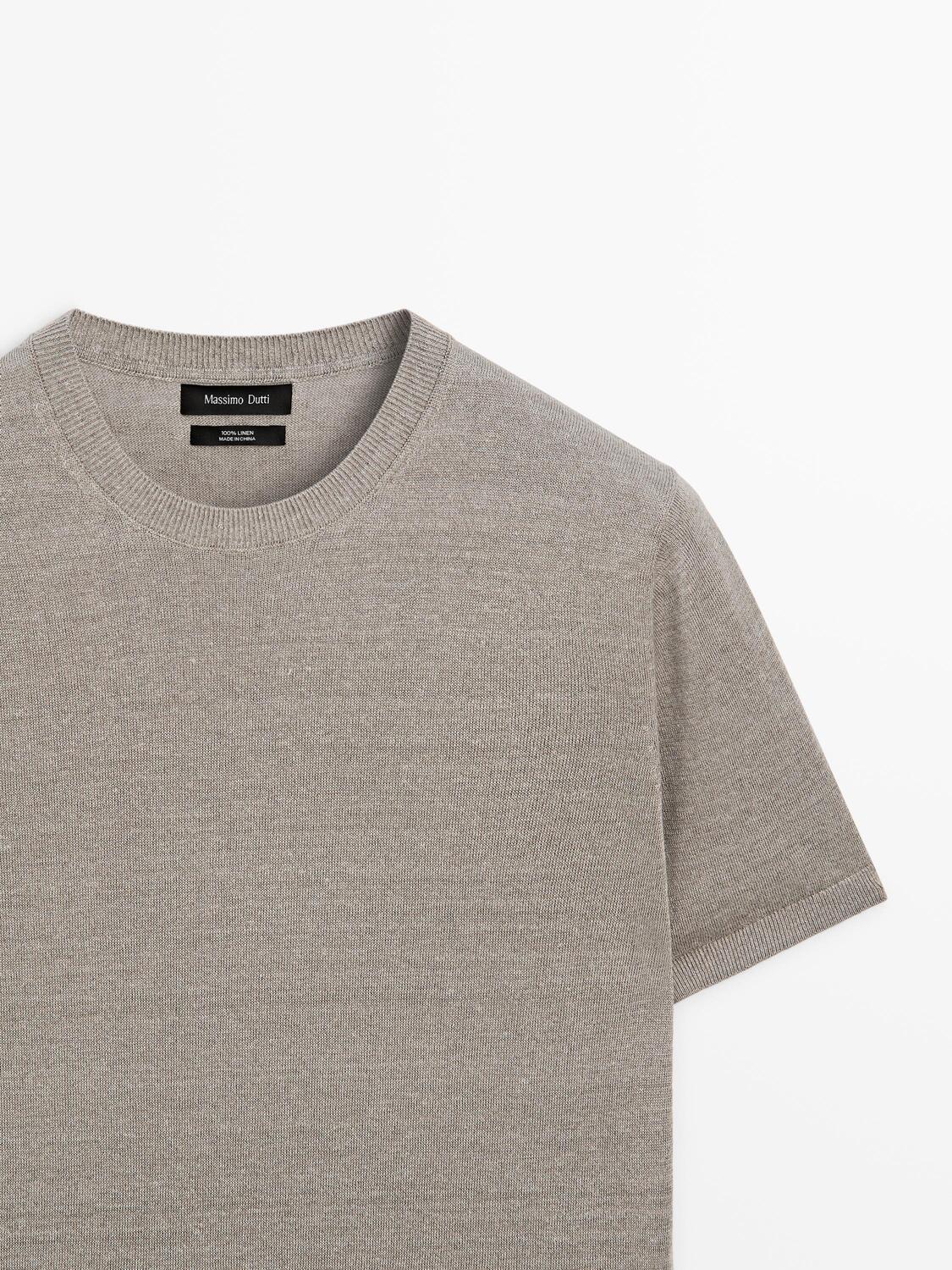 Футболка Massimo Dutti Lightweight 100% Linen Knit, серо-бежевый — фото 4