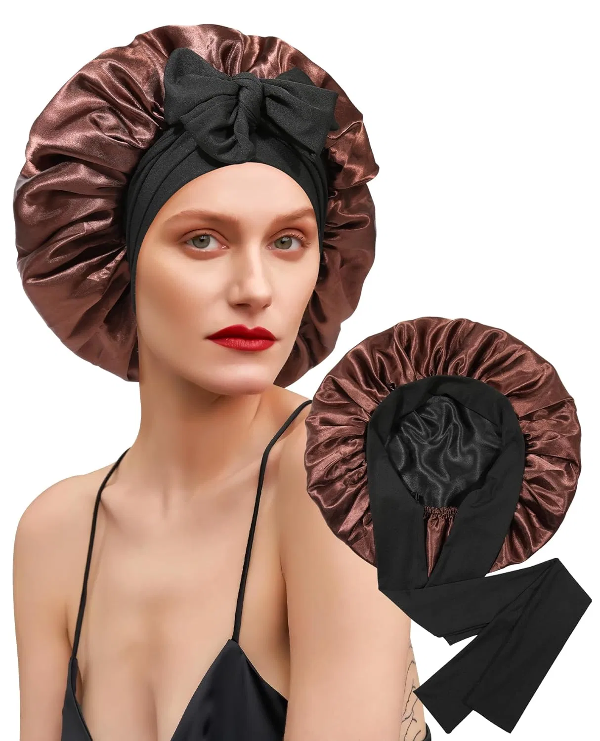 Шапочка для душа Satin Bonnet, двойной слой, с эластичной лентой, CHLINS, 35 см, Black + Yellow Brown