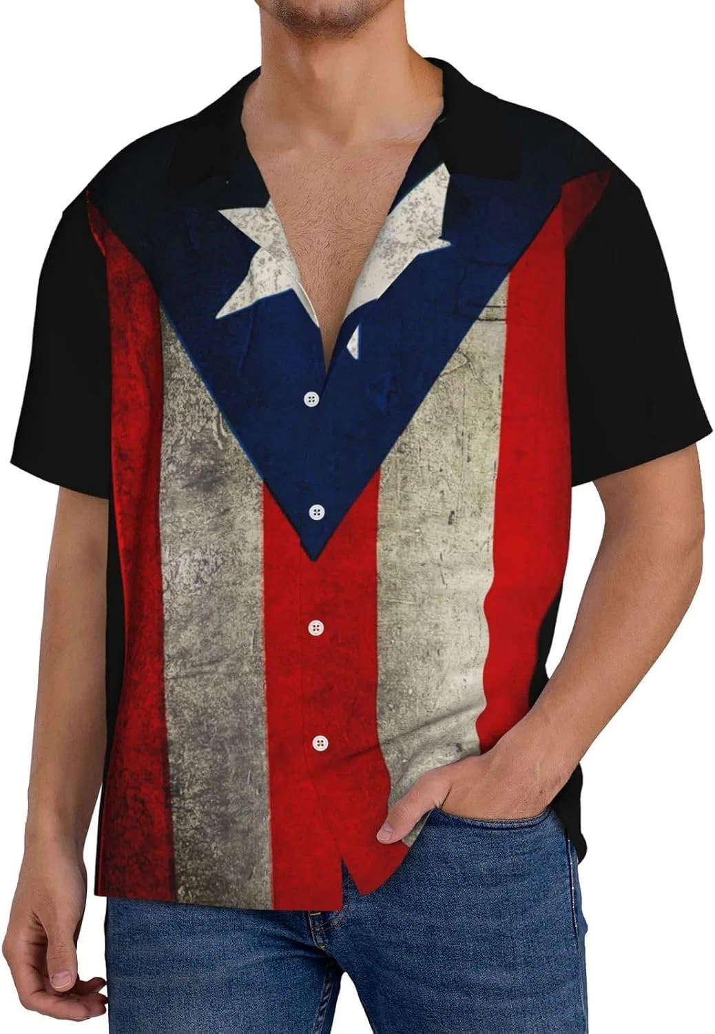 Мужская свободная рубашка с коротким рукавом и воротником-стойкой, Vintage Puerto Rico Flag2