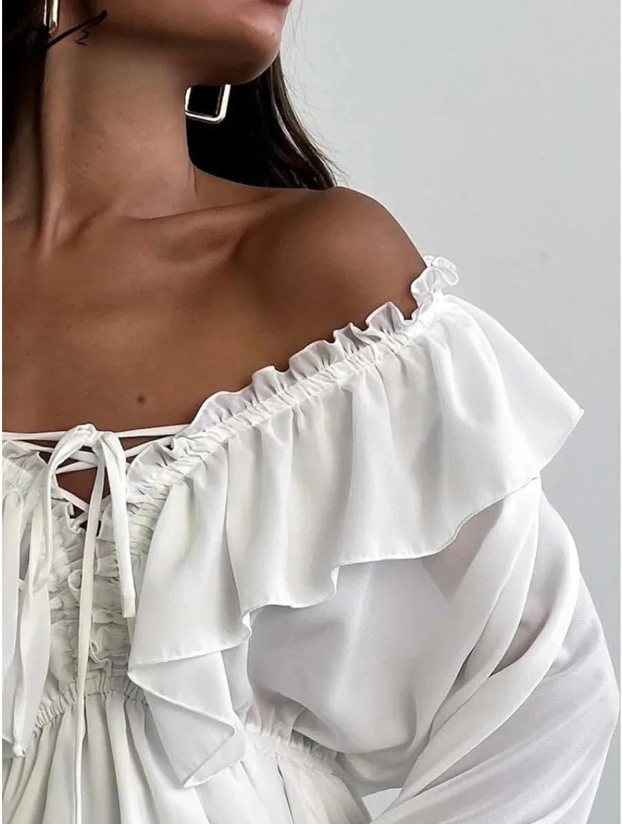 Женское платье макси с рюшами V-образным вырезом, White — фото 4