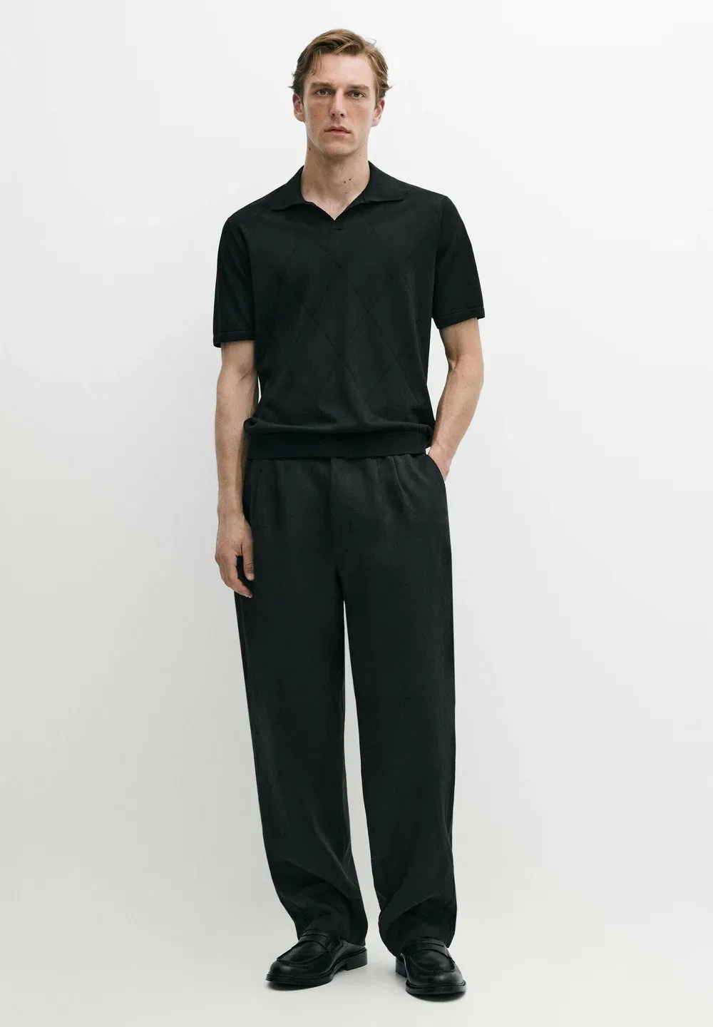 Вязаный поло-свитер с ромбовидным узором - рубашка поло Massimo Dutti, Black — фото 2