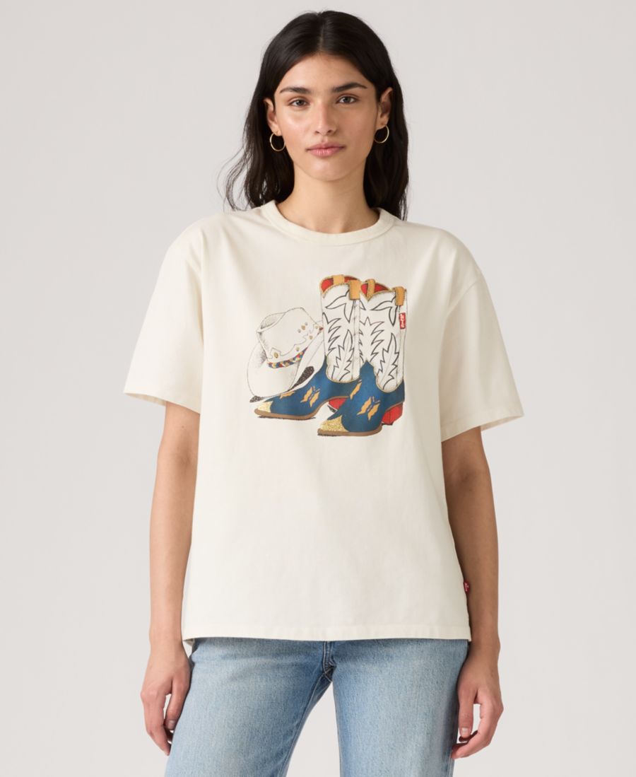 

Женская футболка премиум-класса с графическим принтом Tabor Levi's, Cowboy Boot And Hat Egret