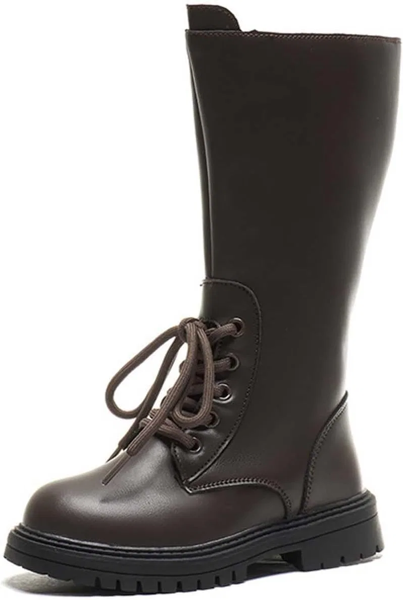 Детские ботинки для девочек с принтом, модель Girls Knee Length Boots Mid Calf Riding Boots PU Leather Zipper Punk Goth Boot Fall Winter Bowknot Combat Boot Little Big Kid, Brown