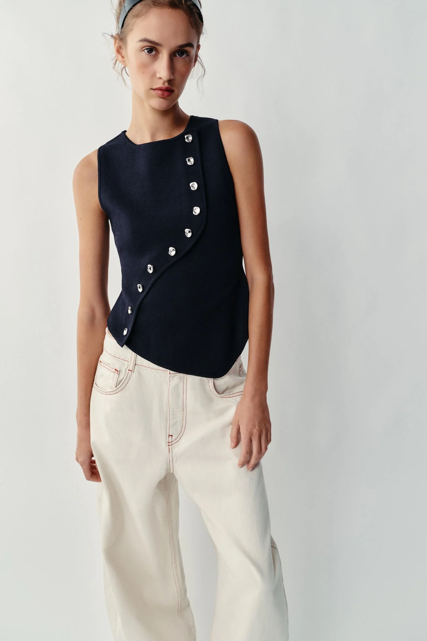 Топ Zara трикотажный с асимметричной застежкой, темно-синий