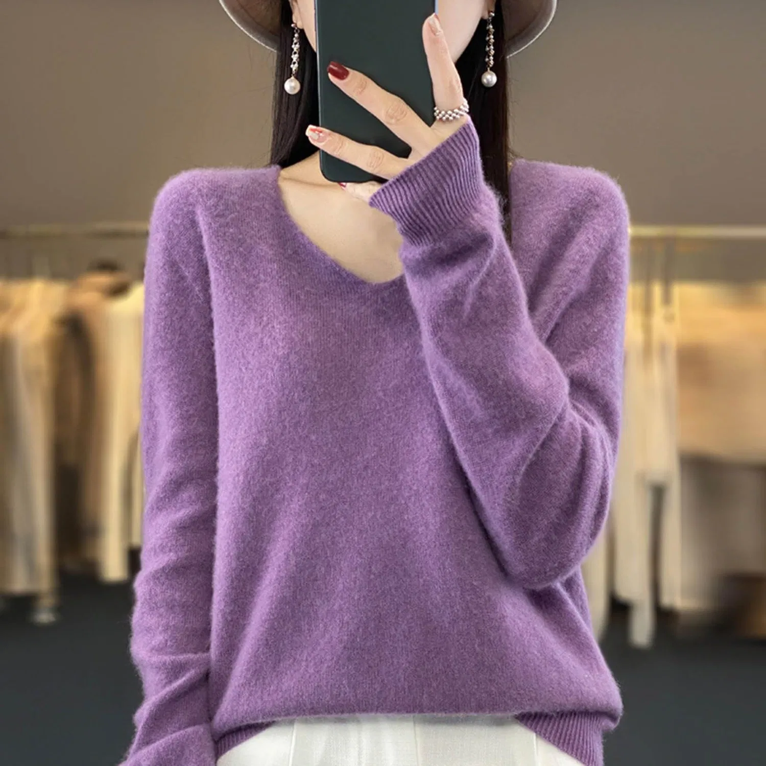 Женский свитер с V-образным вырезом из кашемира, Purple — фото 3