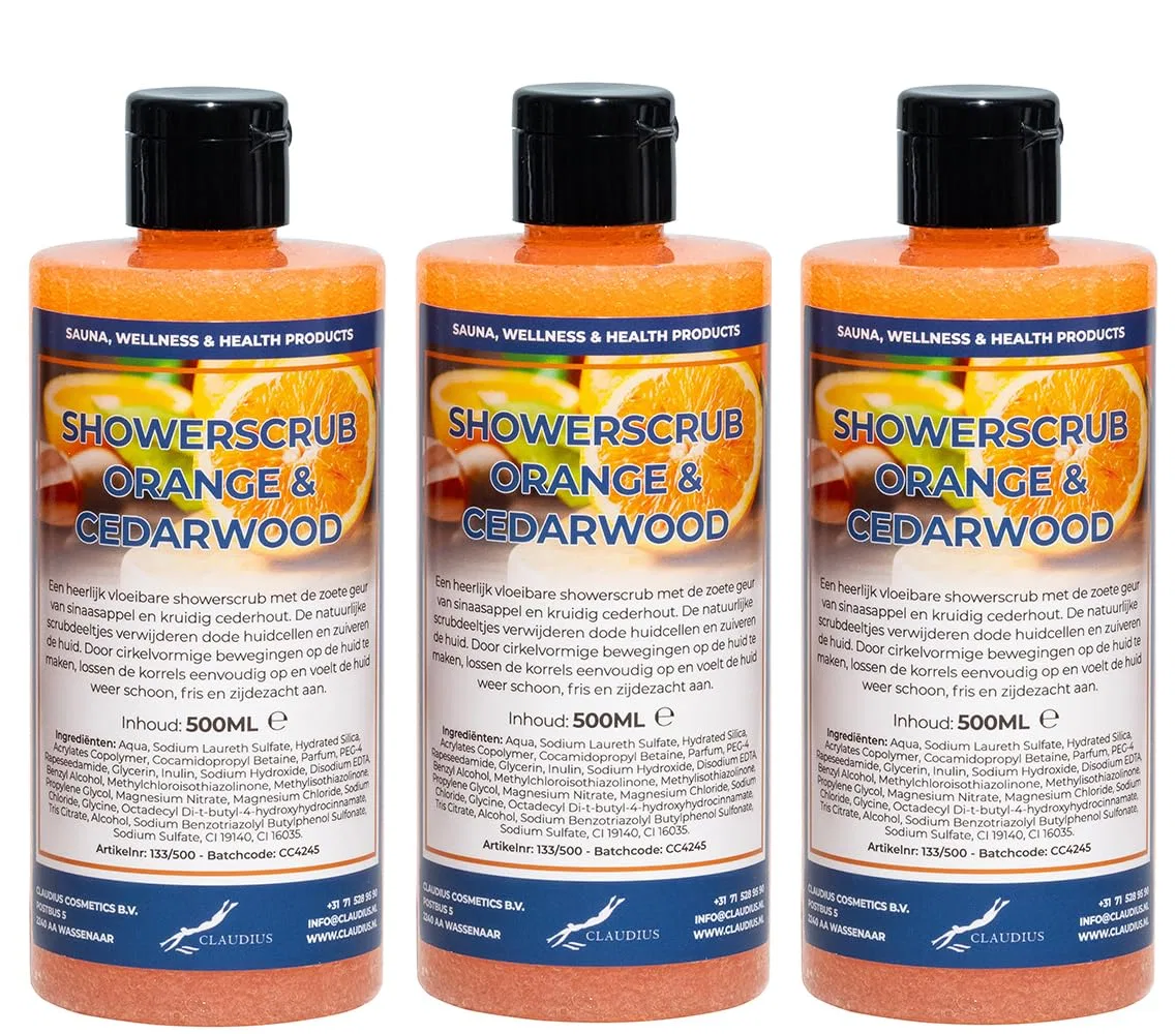 Скраб для душа Orange & Cedarwood, набор 3 x 500 мл, Прозрачный, Claudius