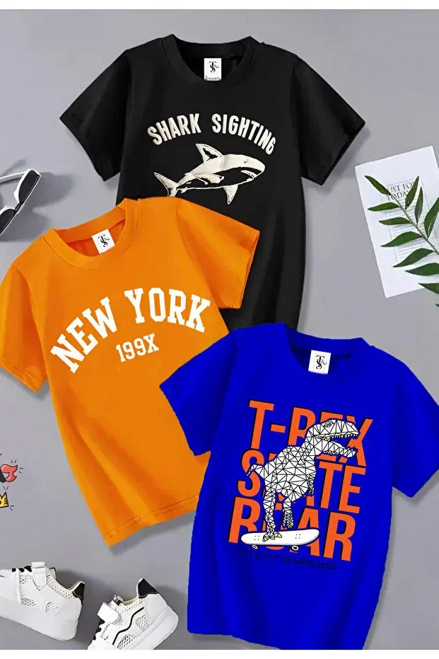 Детский комплект футболок для девочек с принтом Dinosaur printed 3 pack unisex orange-black-sax blue kids t-shirt Twins Tailors, Orange