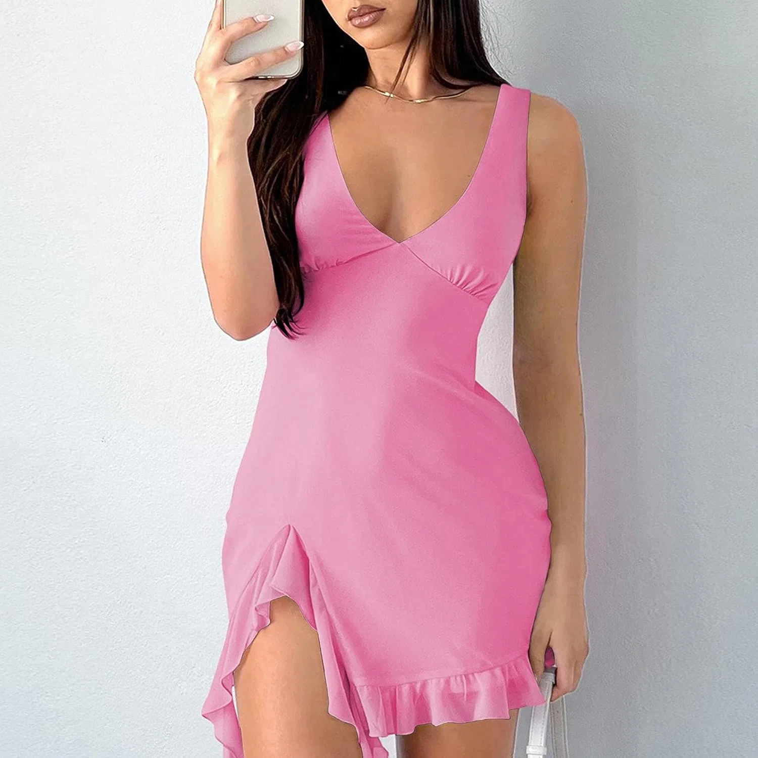 Женское летнее платье с бахромой V-образным вырезом, Pink — фото 3