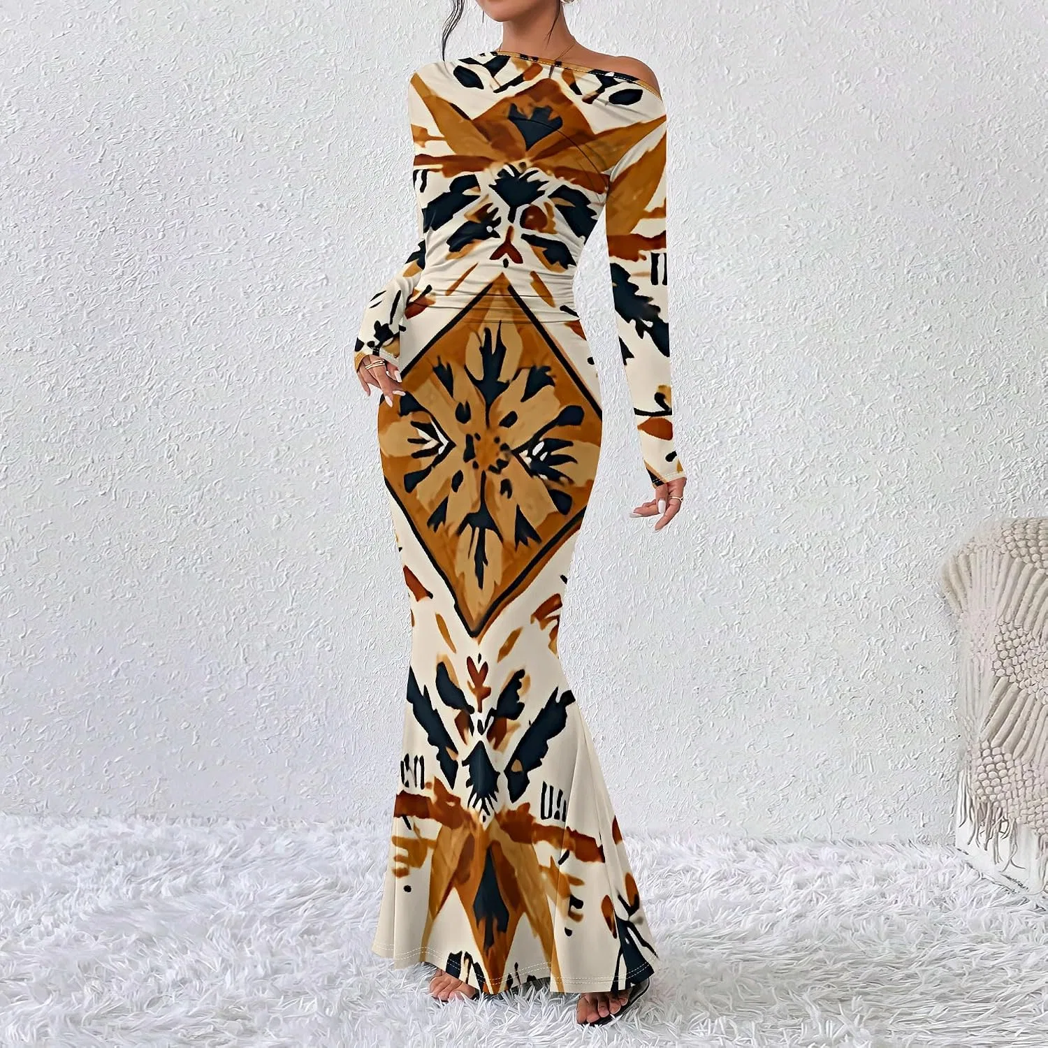 Женское длинное платье-макси с рукавом, модель Off The Shoulder, хаки/коричневый — фото 3