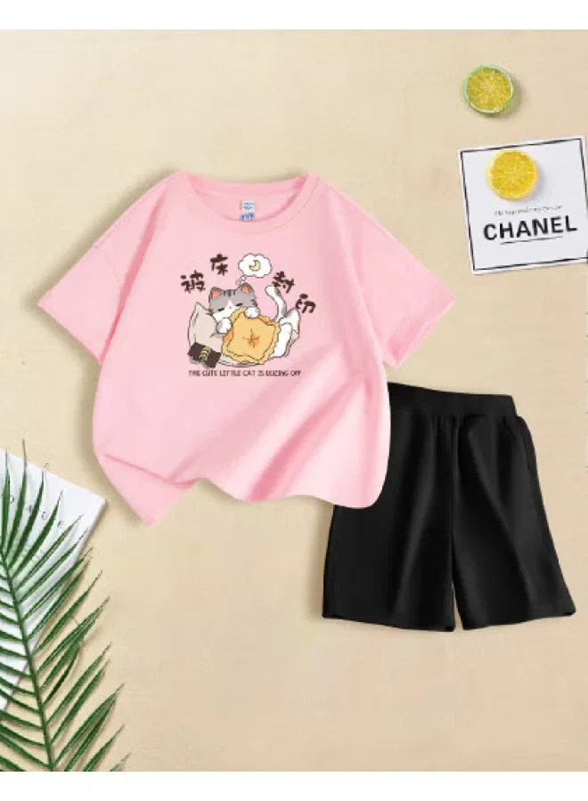 Комплект с коротким рукавом и шортами с принтом кошки Jeanswest, розовый