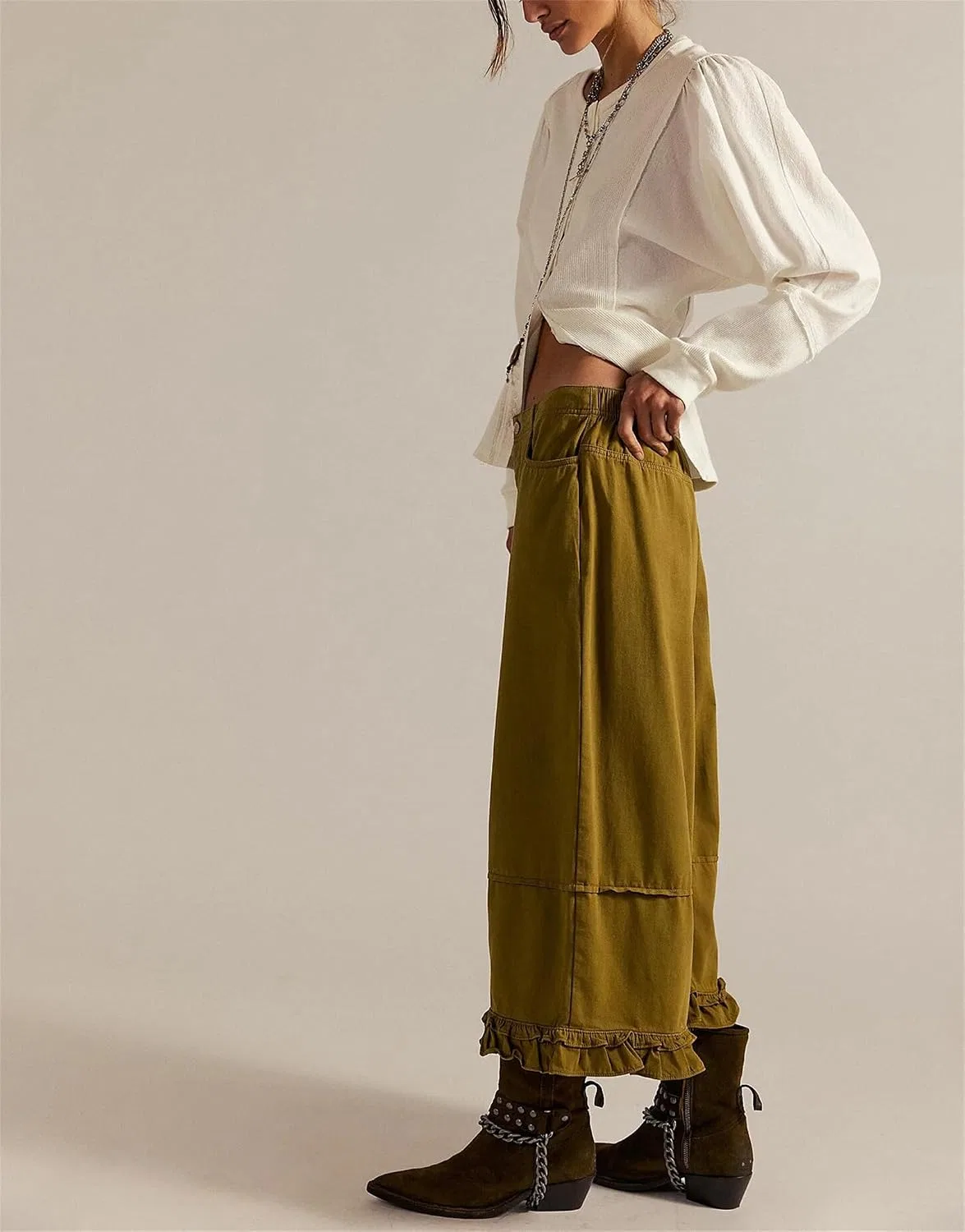 Женские джинсы с воланами по низу, wide leg, Ruffle Bloomer, зелёный — фото 4