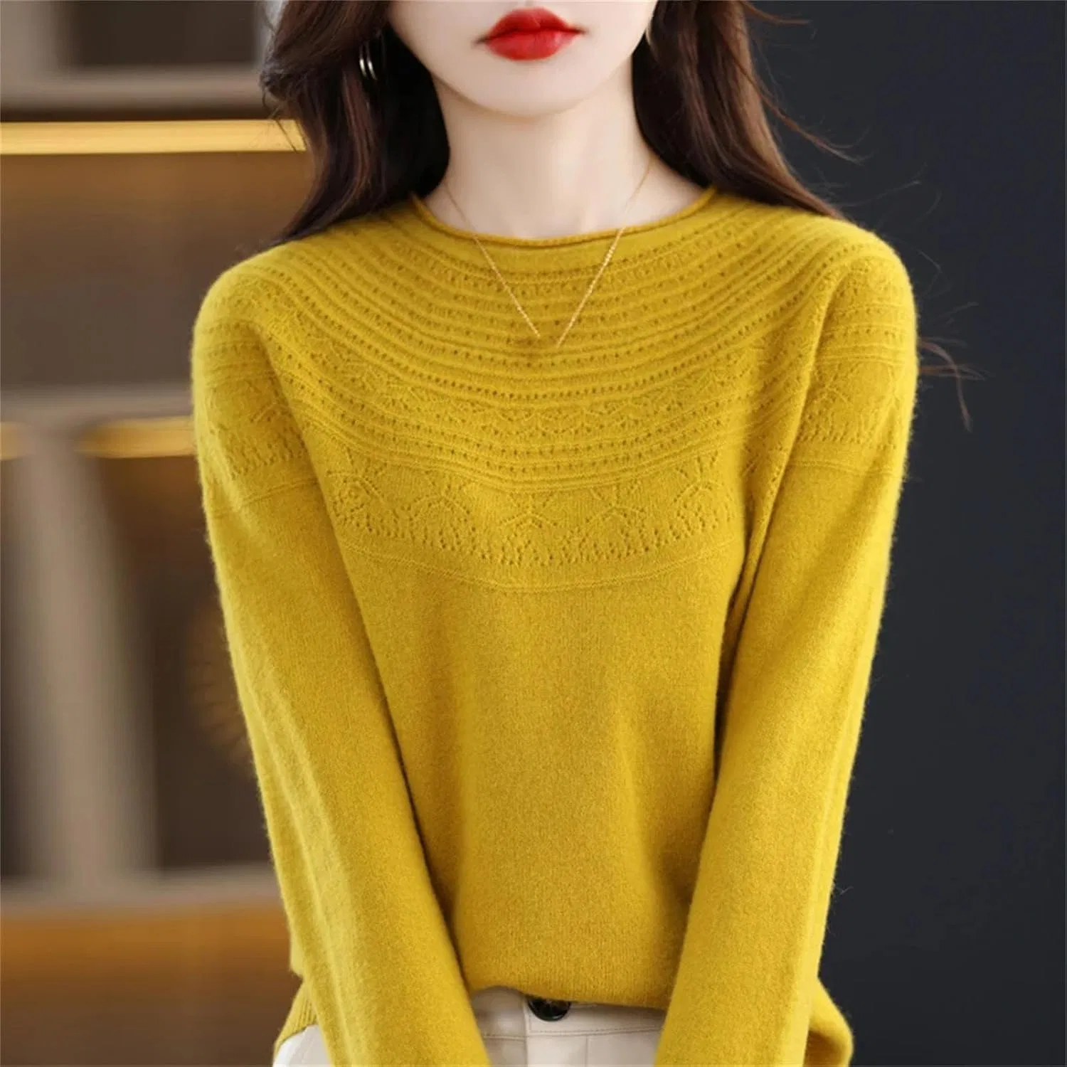 Женский свитер с круглым вырезом, Merino Wool Knitted Sweater, Zu Mu Lv — фото 2