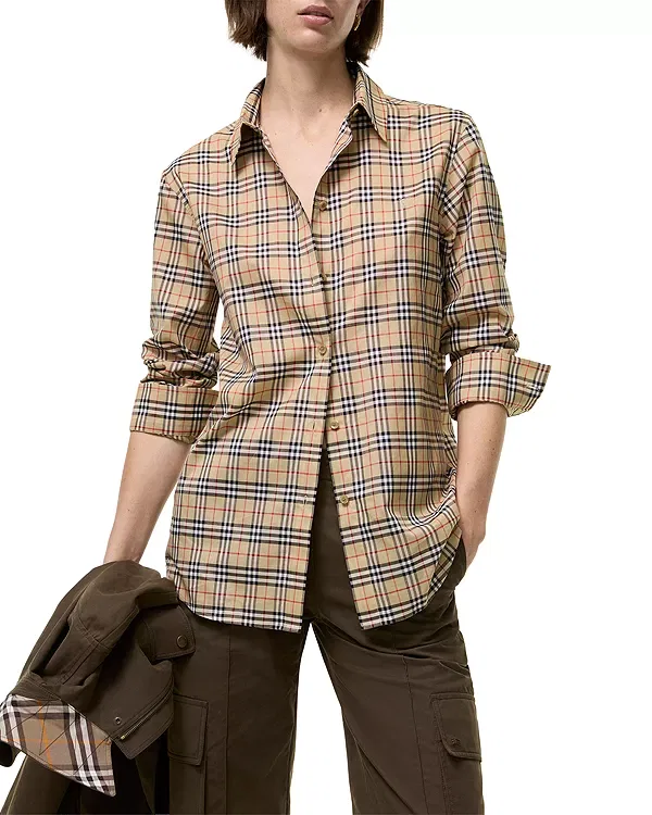 Женская хлопковая рубашка Classic Fit Check Cotton Shirt Burberry, Sand Ip Check