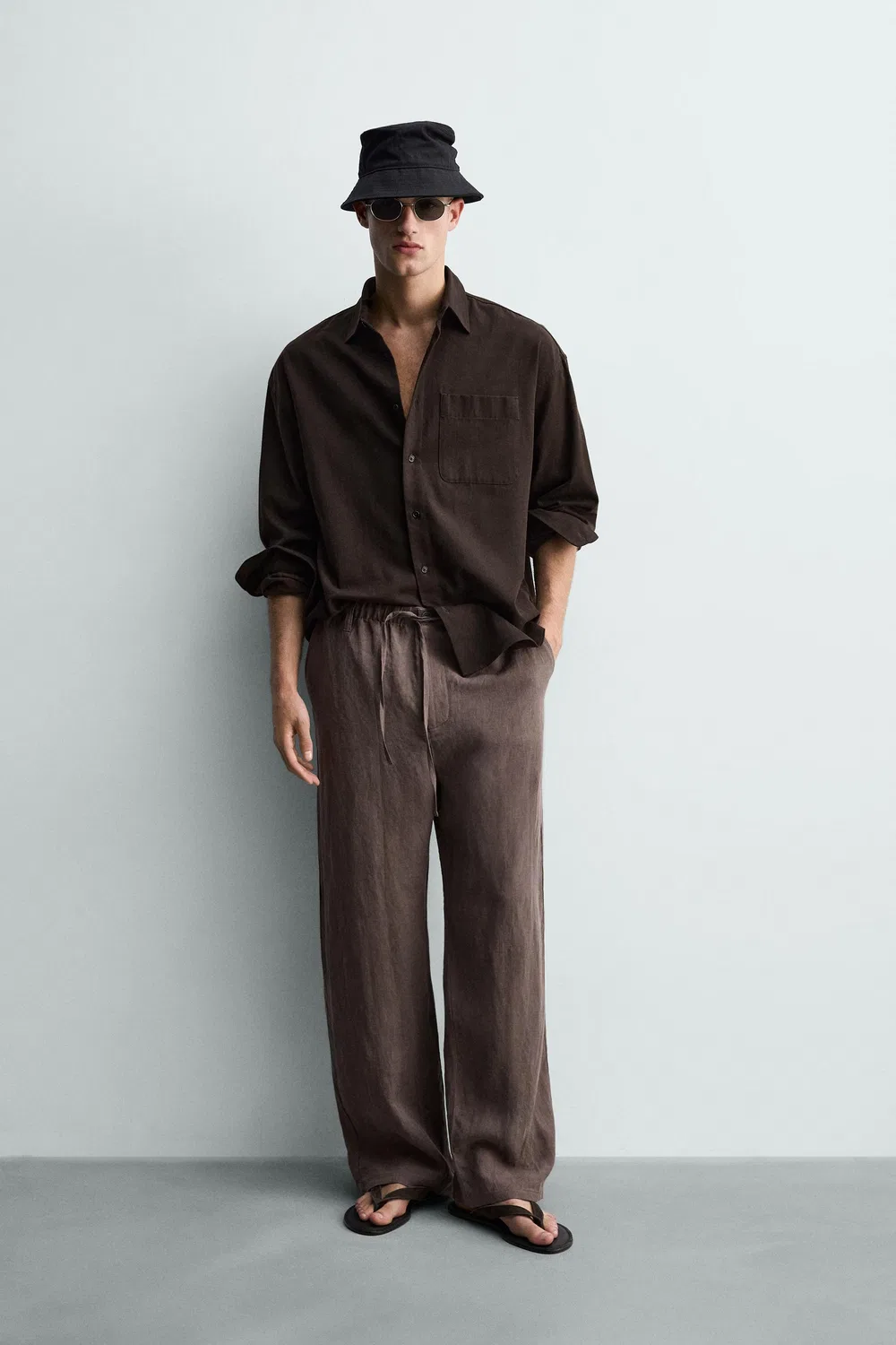Брюки свободного кроя из 100% льна ZARA, Brown/Taupe