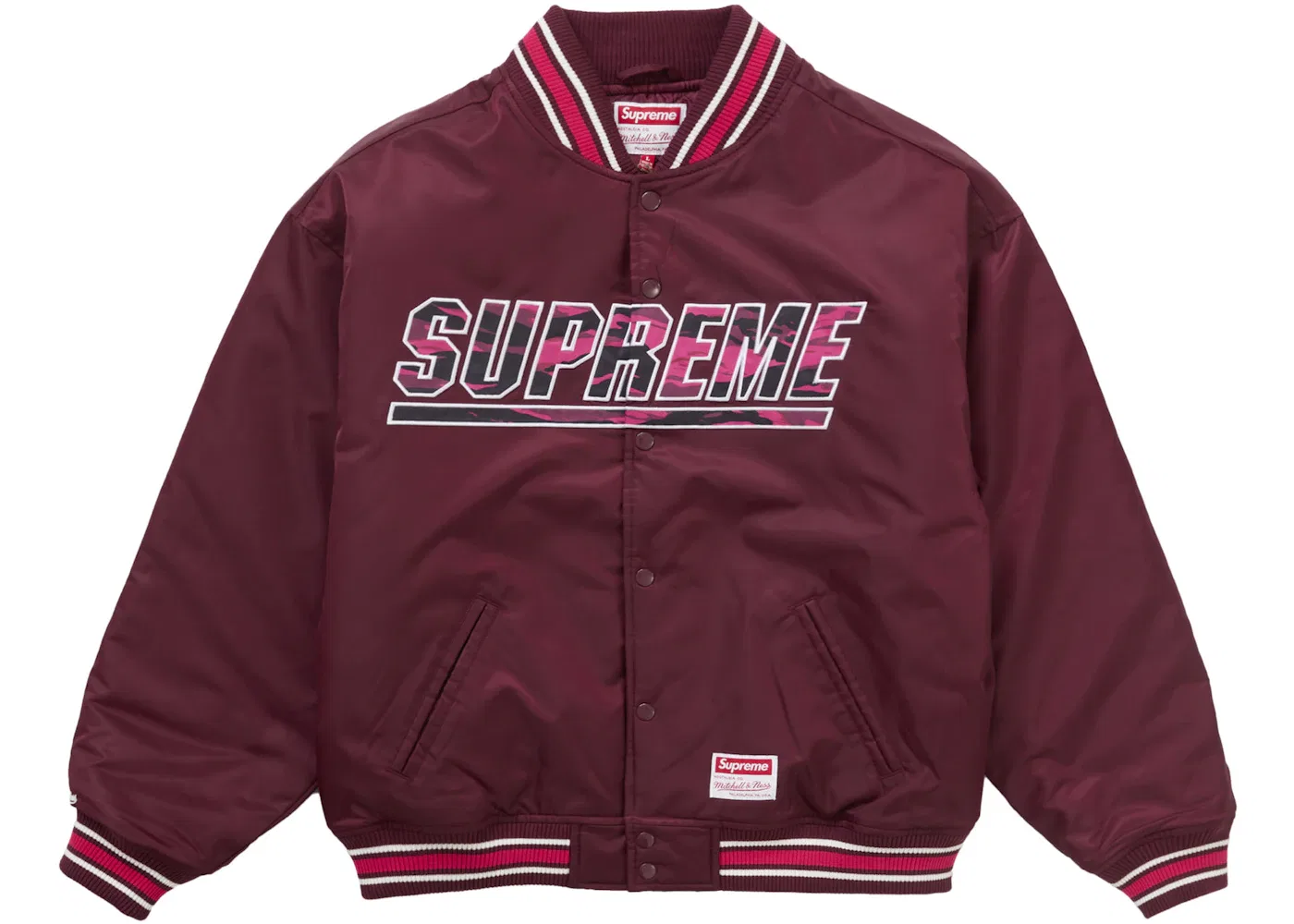 Мужская куртка-бомбер с камуфляжным принтом Supreme Mitchell & Ness Camo Logo Varsity Jacket, Burgundy