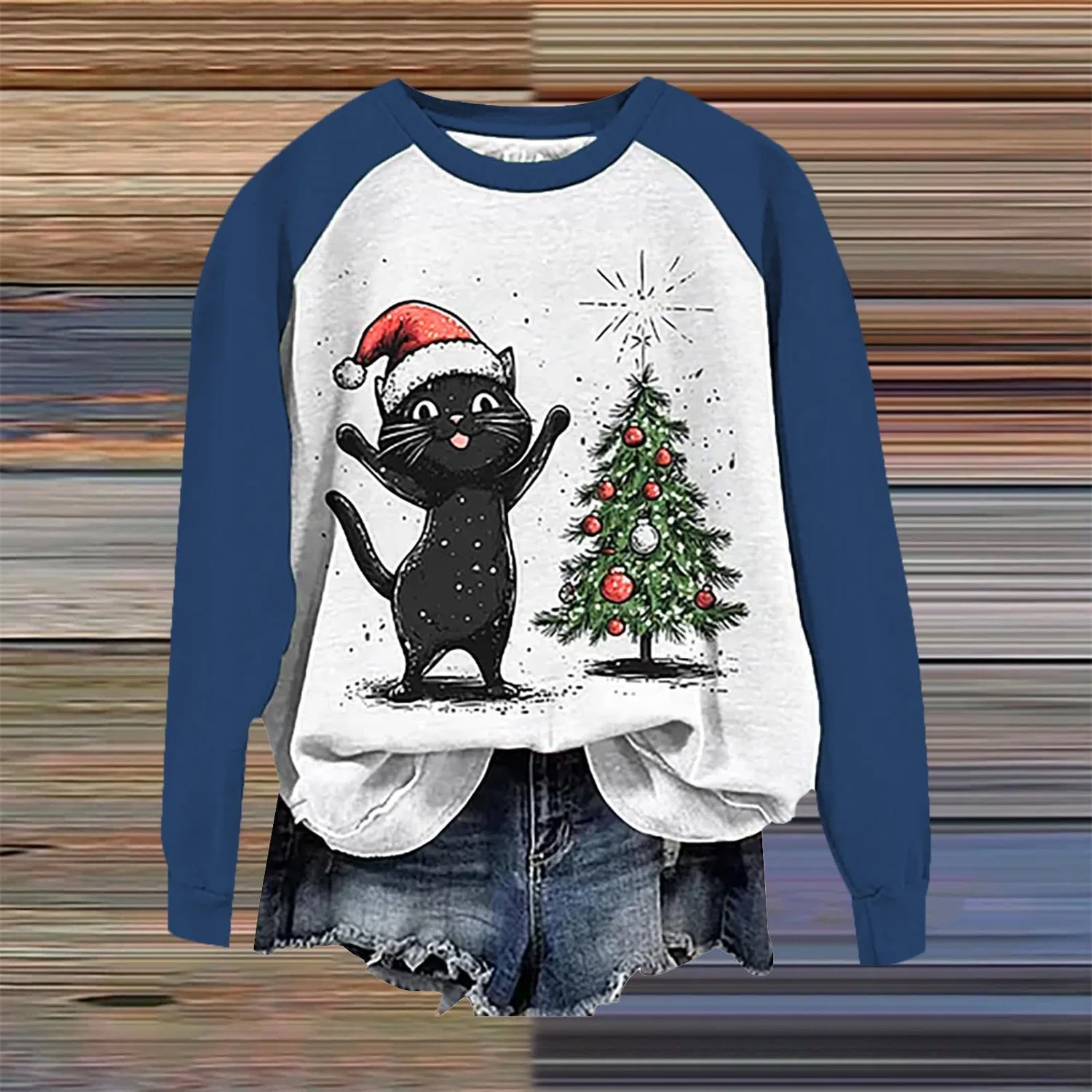 Женский свитшот с принтом Christmas Tree Funny Cat Say What Woman Pullover, Z12 Blue — фото 2