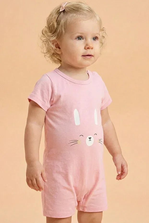 Детский комбинезон для девочек хлопковый Tuabella, Pink Short Jumpsuit With Animal Print — фото 2