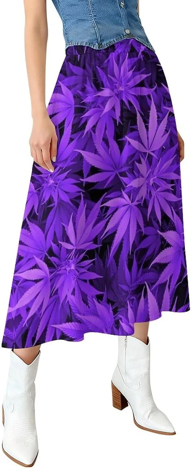 Женская юбка миди с принтом Neon Weedleaf Leaves, Purple