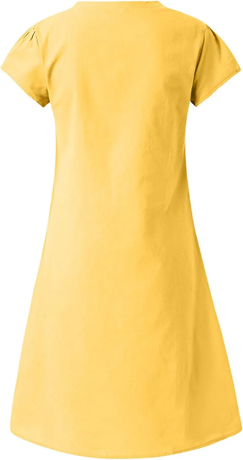 Женское летнее платье из хлопка и льна с V-образным вырезом, Yellow — фото 4